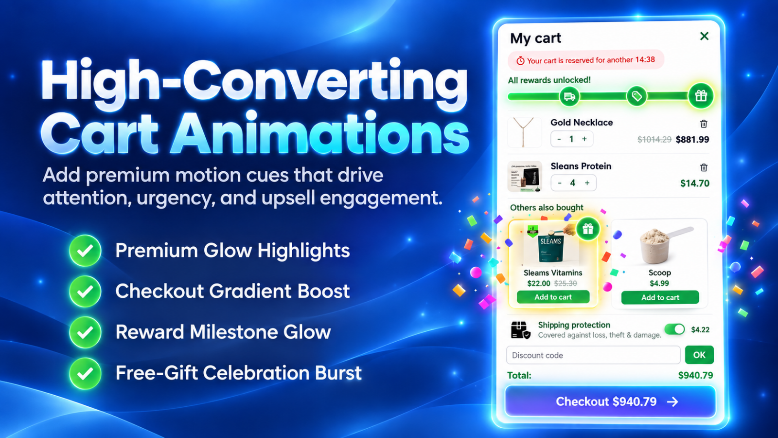 Swift Cart high-converting cart animations — premium glow highlights, checkout gradient boost, reward milestone glow, and free-gift celebration burst